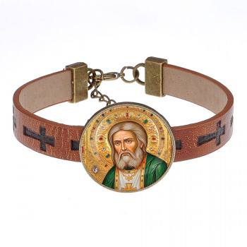 BSK1-075 Кожаный браслет св. Серафим Саровский