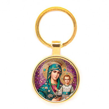 C1102019 Круглый брелок, цвет золото, Богородица с Иисусом