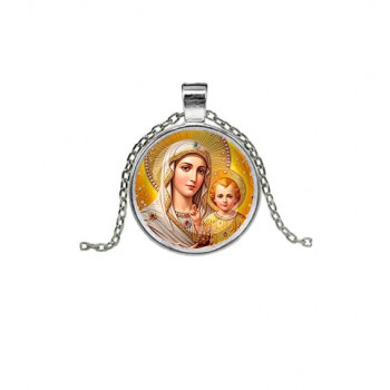 C1120026 Кулон, цвет серебро, с цепочкой, Богородица с Иисусом