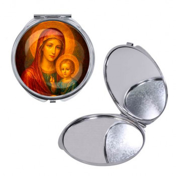C1125016 Круглое складное зеркало, цвет серебро, Матерь божья с Иисусом