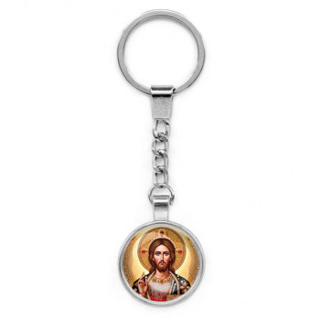 C1129022 Круглый брелок, цвет серебро, с цепочкой, Иисус Христос
