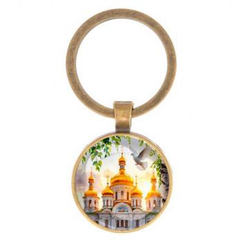 C1160017 Круглый брелок, цвет бронза, Храм и березы