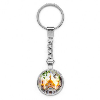 C1160022 Круглый брелок, цвет серебро, с цепочкой, Храм и березы