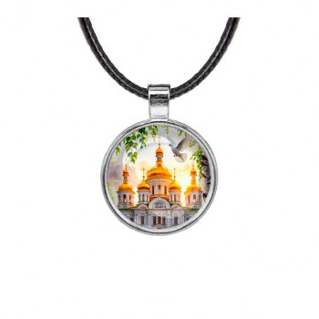 C1160027 Кулон, цвет серебро, со шнурком, Храм и березы