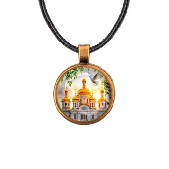 C1160029 Кулон, цвет бронза, со шнурком, Храм и березы