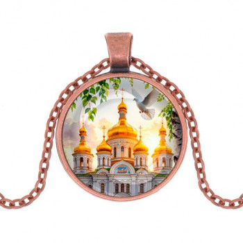 C1160030 Кулон, цвет медь, с цепочкой, Храм и березы