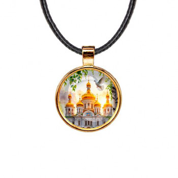 C1160033 Кулон, цвет золото, со шнурком, Храм и березы