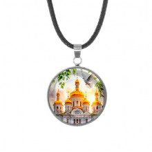 C1160062 Кулон, нержавеющая сталь, со шнурком, Храм и березы
