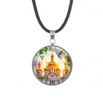 C1160062 Кулон, нержавеющая сталь, со шнурком, Храм и березы